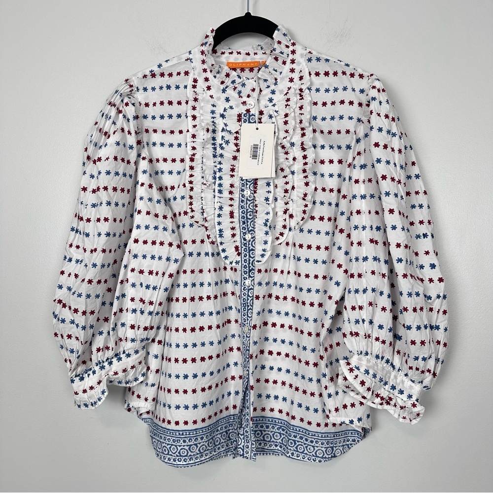 OLIPHANT Ellis Blue Ruffle Front Button Blouse - Picture 7 of 12